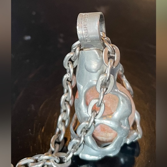 Danish Design SMYK brutalist necklace carnelian agate silver metal 25” chain - Picture 5 of 16